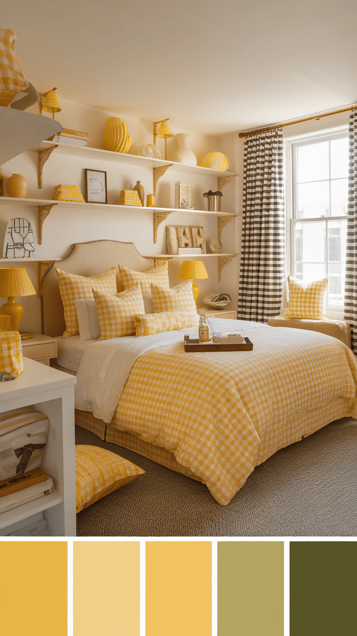 A bright bedroom featuring yellow gingham patterns on pillows and decor, complemented by black and white striped curtains.