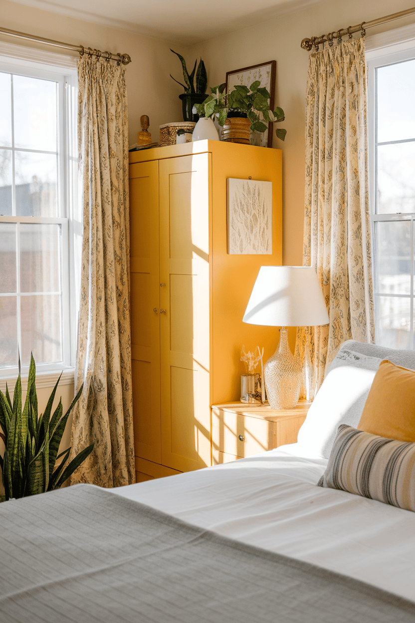 A bright room featuring yellow furniture and decorative elements.