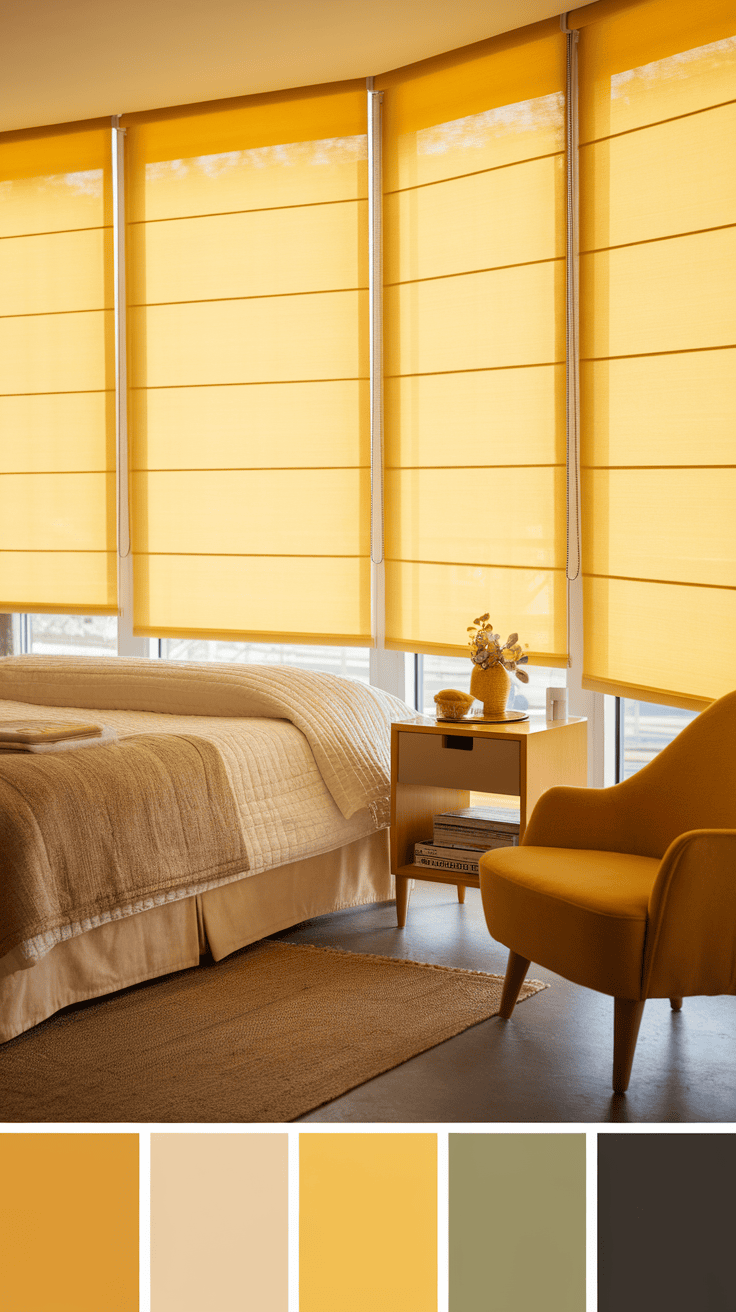 A bright bedroom featuring yellow roller blinds, a bed with cream linens, a side table with a plant, and a yellow chair.