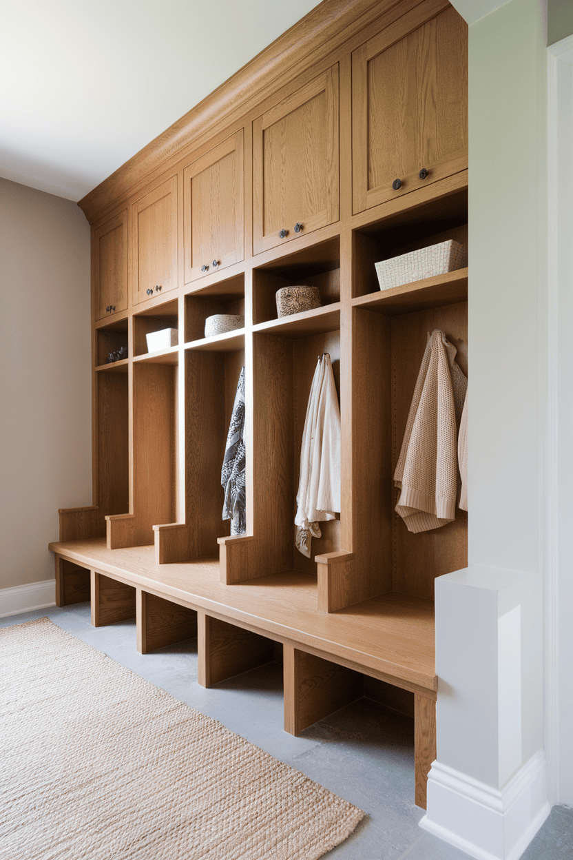 Stylish built-in mudroom cabinets with storage and hanging space.