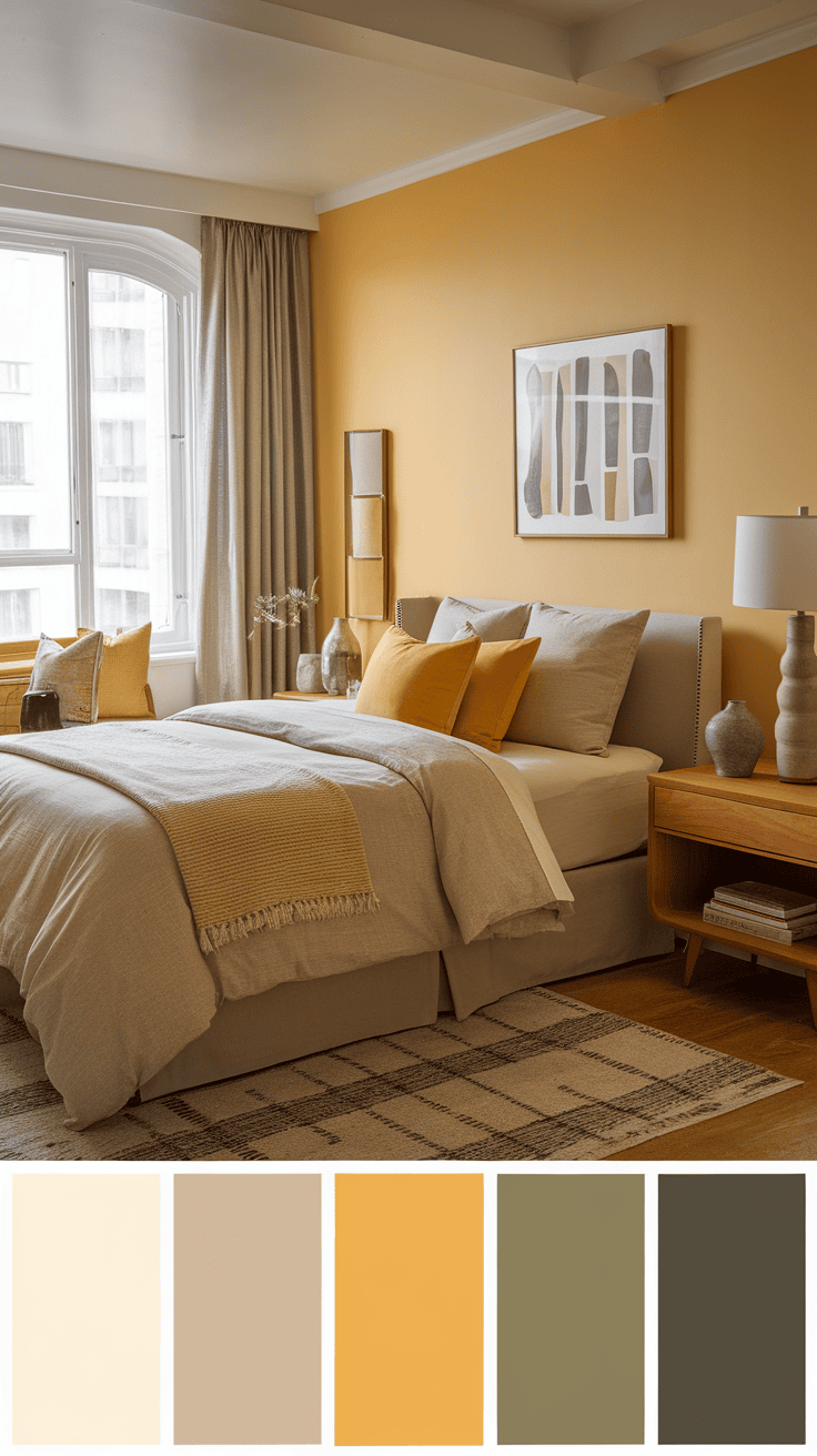 A cozy bedroom with yellow and neutral colors, featuring soft bedding and warm tones.