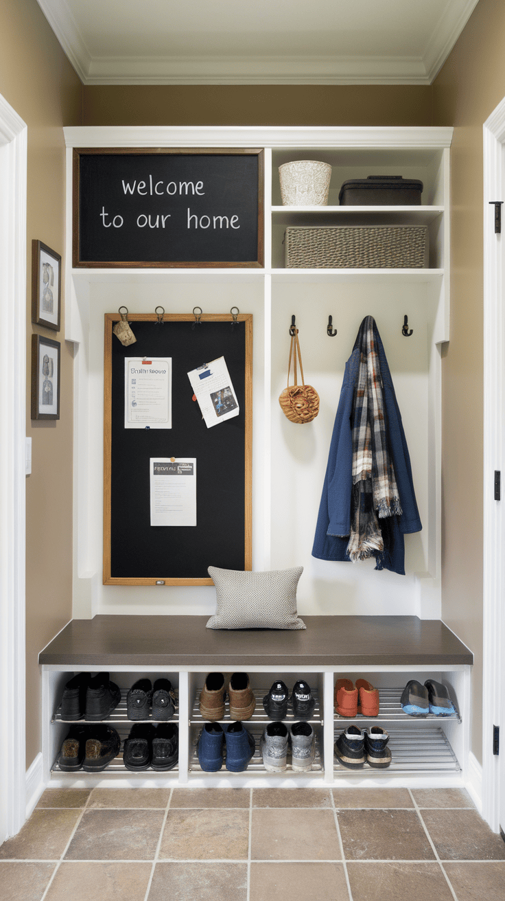 A mudroom featuring a chalkboard and bulletin board, with storage for shoes and clothing.