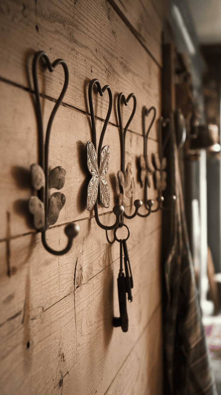 Charming coat hooks attached to a wooden wall.