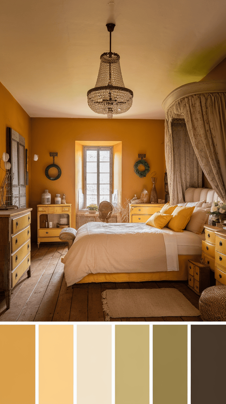 A cozy bedroom with charming yellow accent walls and warm wooden furniture.