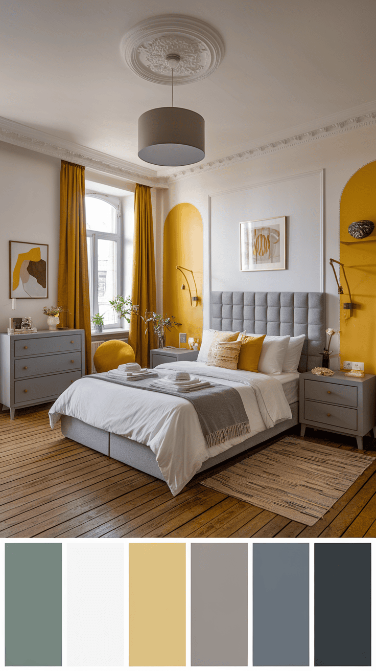 A stylish bedroom with gray furniture, bright yellow accents, and a cozy atmosphere.