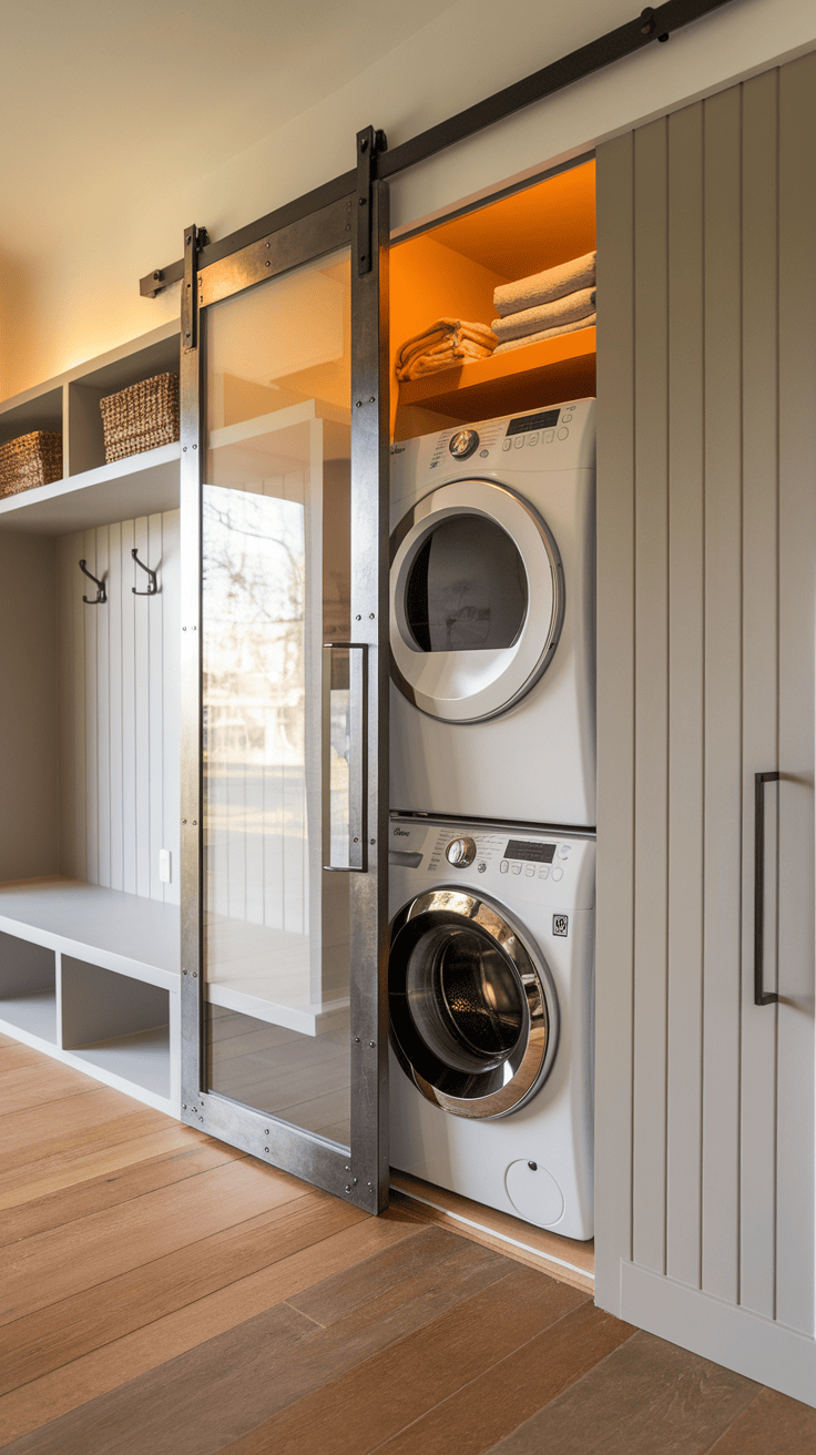 A stylish sliding door that conceals a laundry area, blending functionality and design.