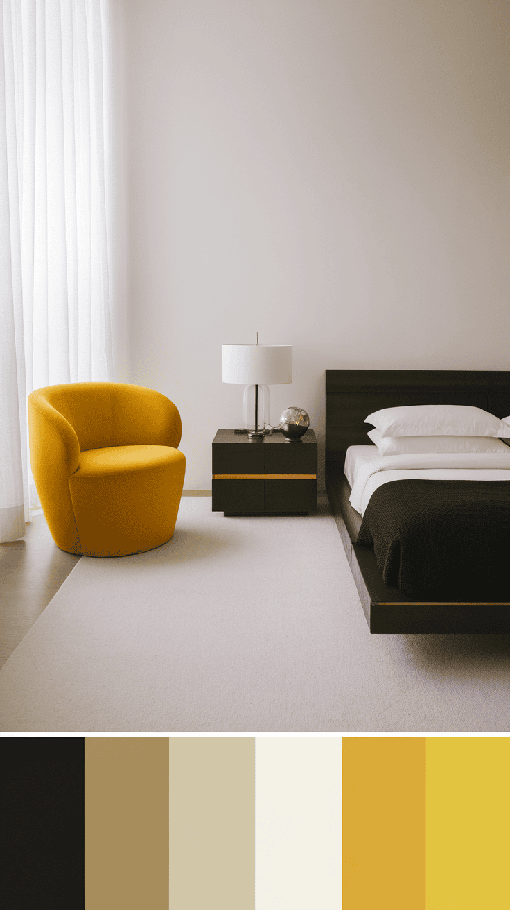 A minimalistic bedroom featuring a yellow chair, a bed, and soft lighting.