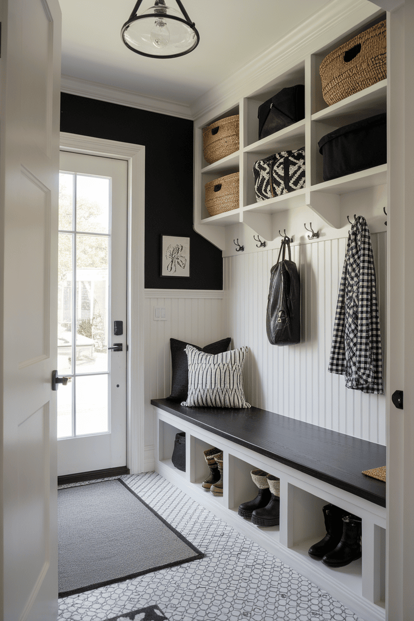 Chic small mudroom entryway featuring a black and white palette with a bench, storage baskets, and a bright entrance.