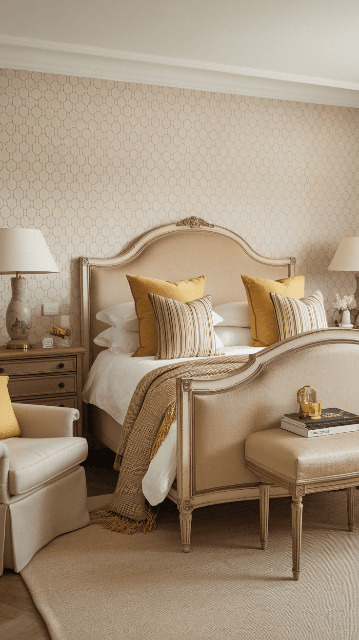 A cozy bedroom featuring light blue walls and a bed with yellow accent pillows, showcasing elegant decor.