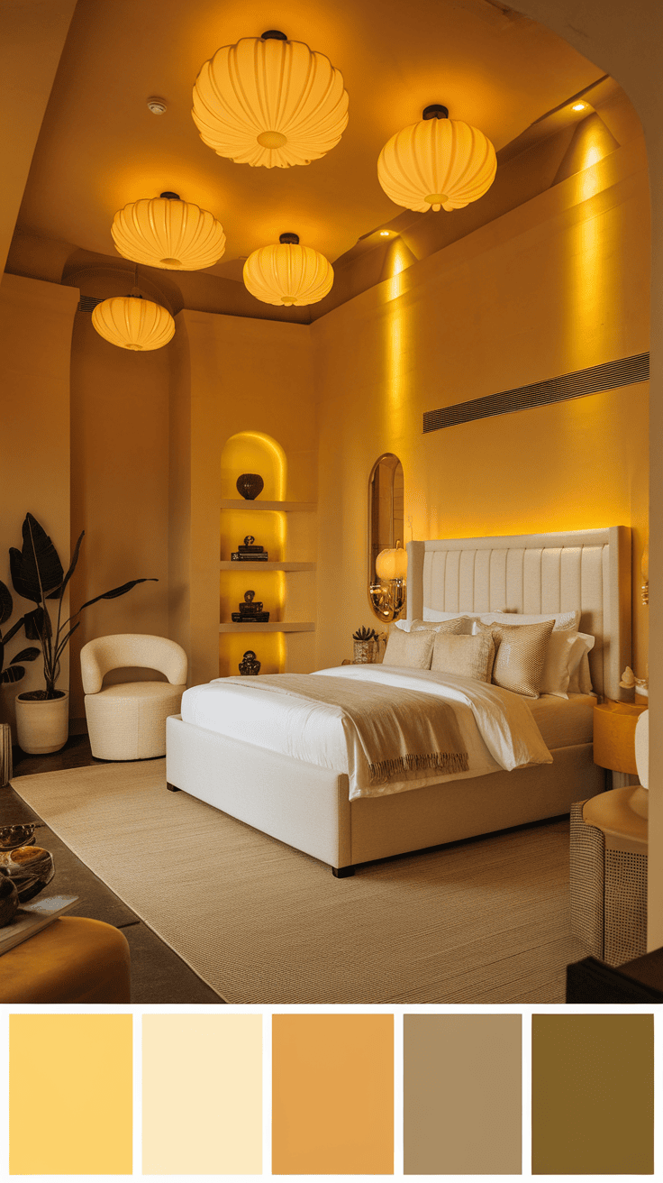 Cozy bedroom with chic yellow lighting fixtures hanging from the ceiling.