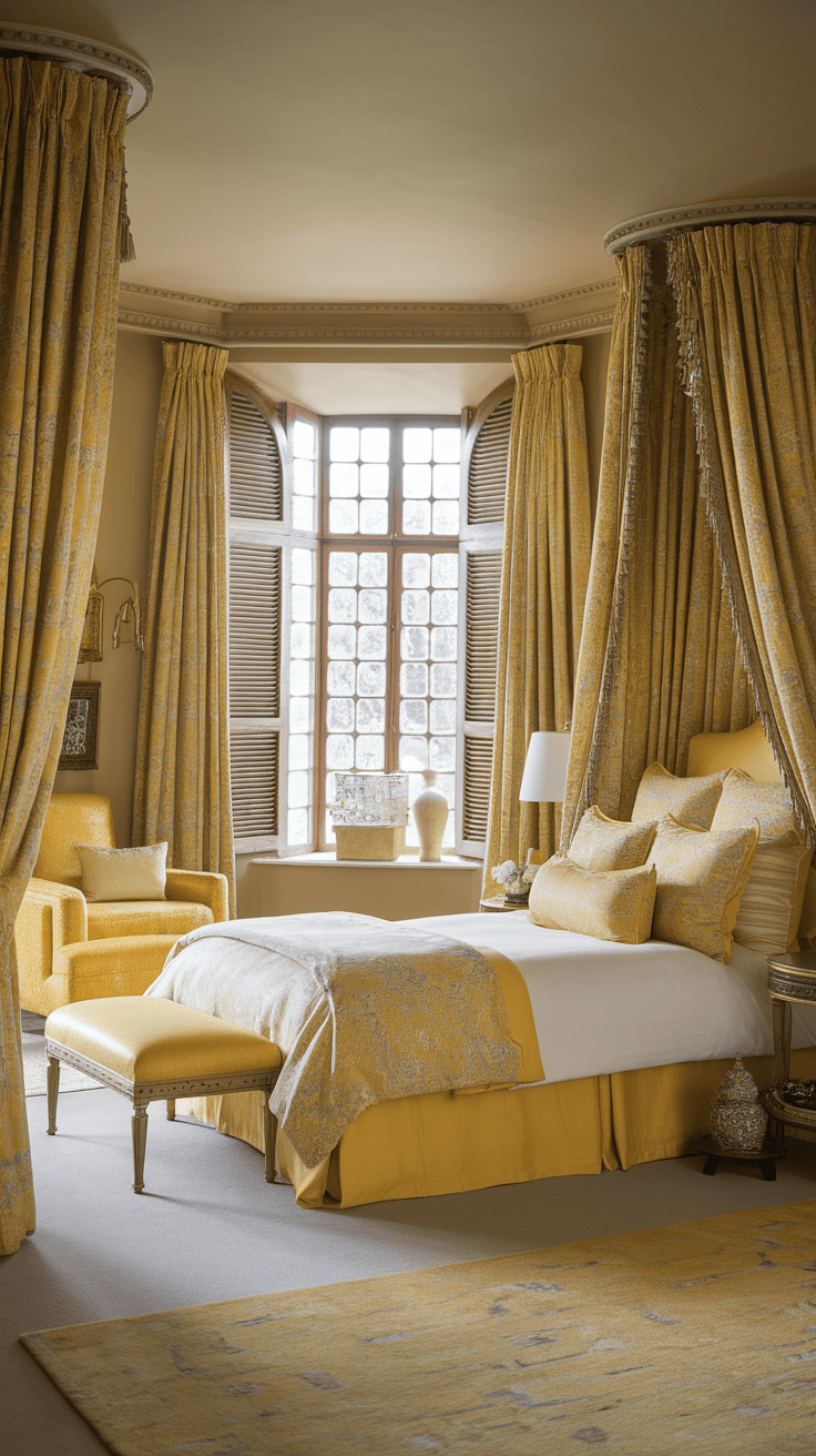 A cozy bedroom featuring yellow textiles, including curtains, bedding, and an accent chair.