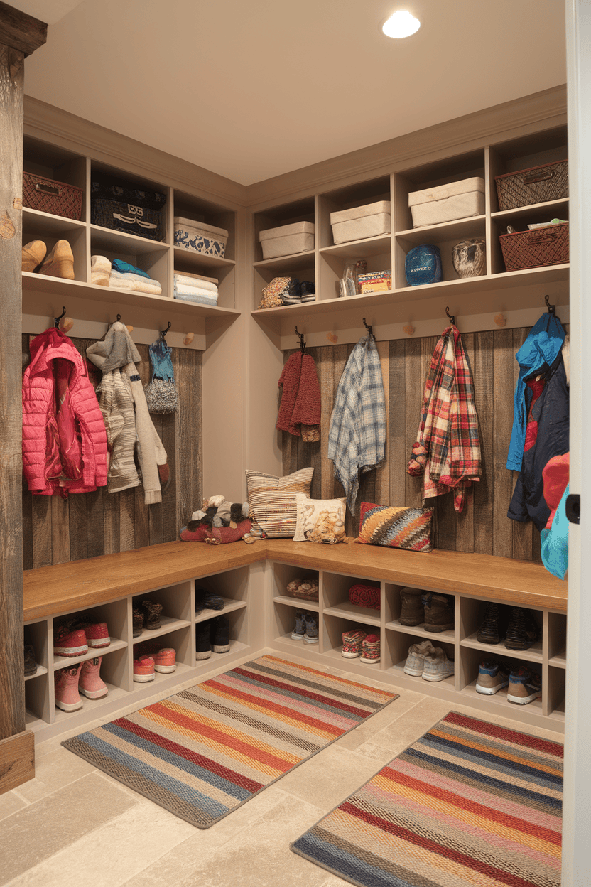 A cozy mudroom with hooks for coats, cubbies for shoes, and colorful rugs, designed for easy use by children.