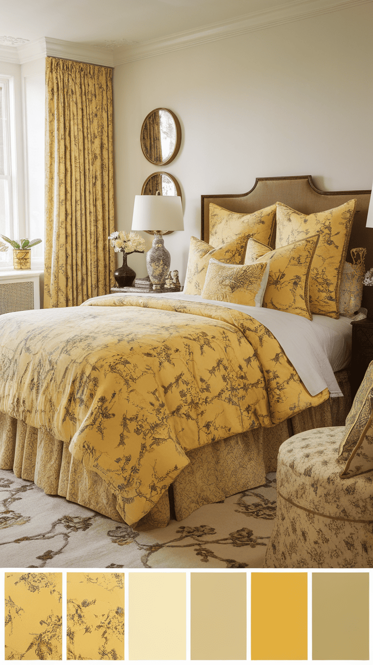 Chinoiserie bedspread with yellow accents in a cozy bedroom setting.