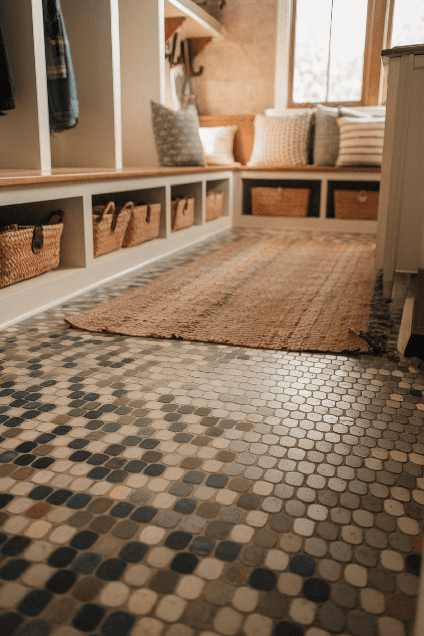 A close-up view of a penny tile floor with various colors of tiles.