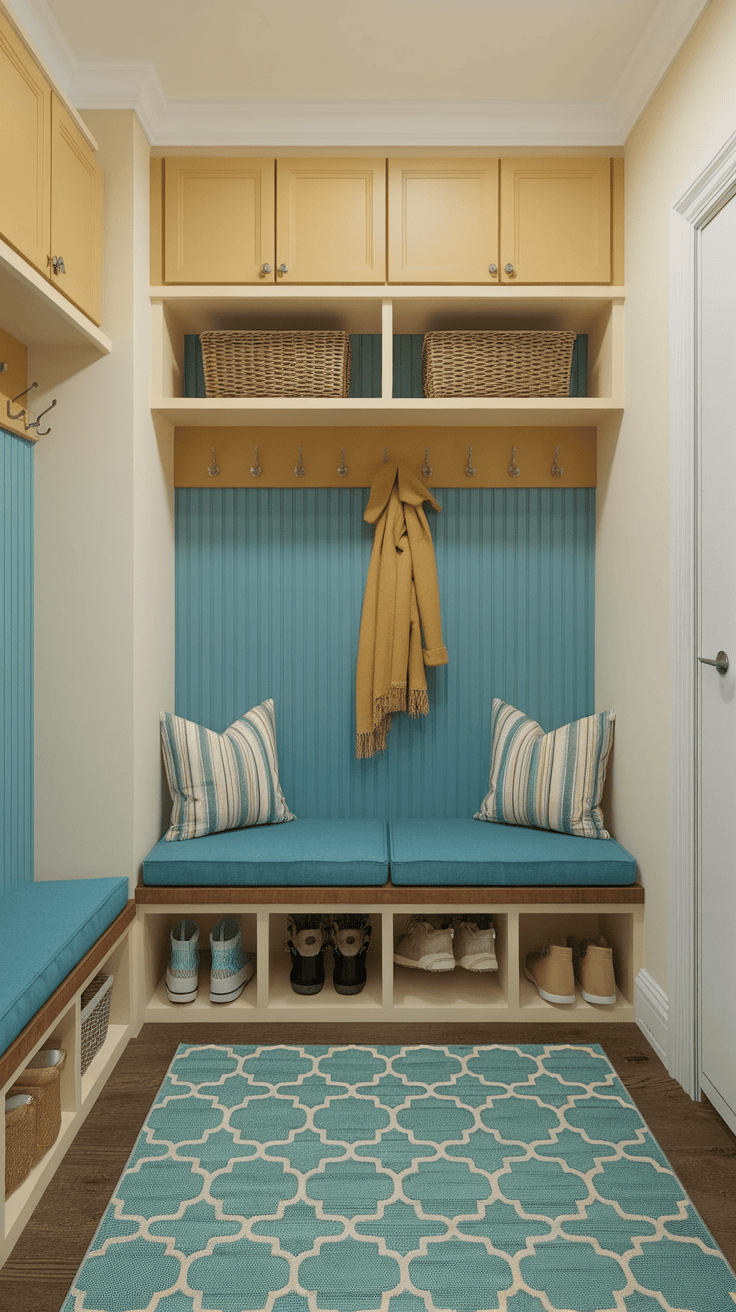 A cozy entryway with teal seating, warm accents, and organized storage.