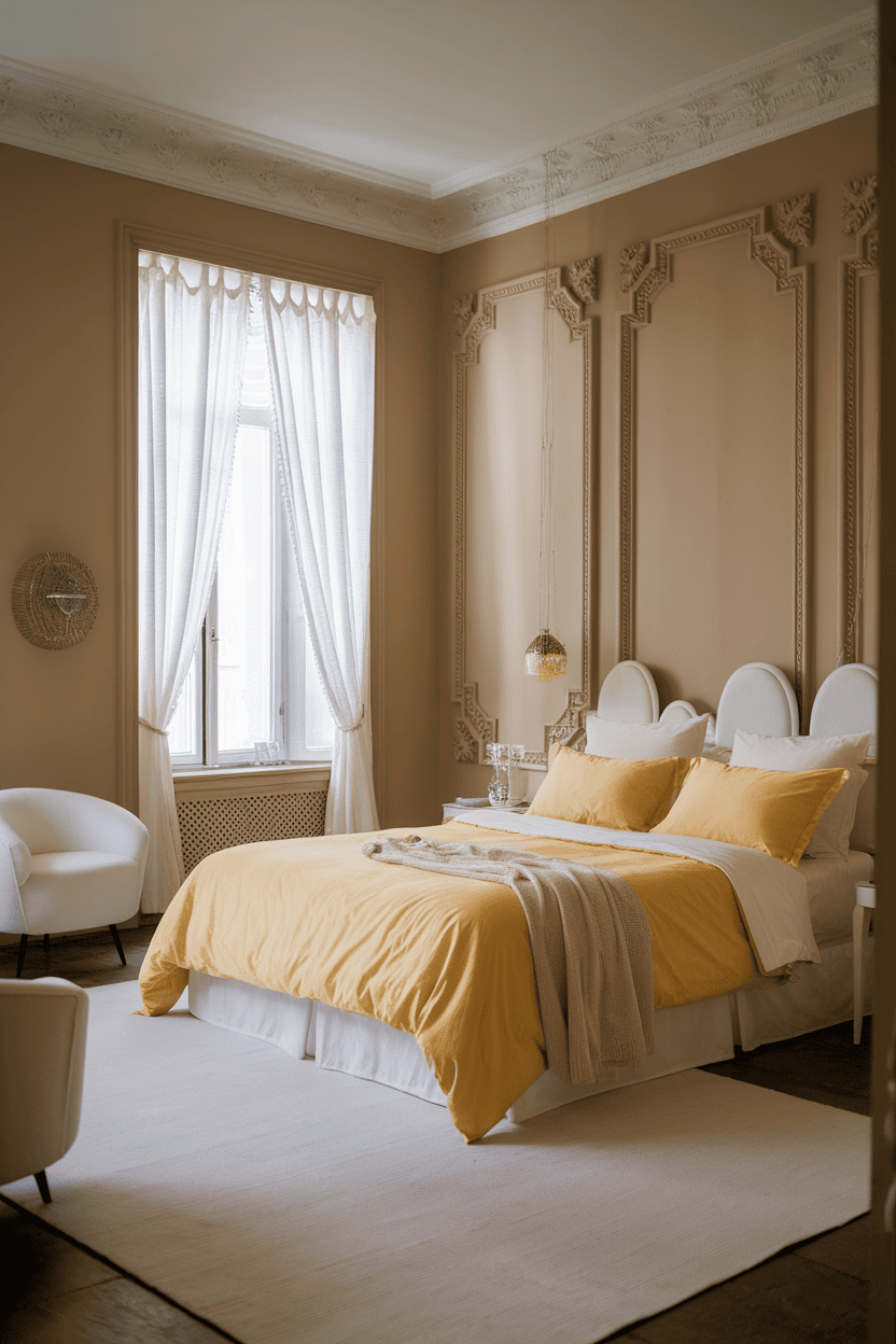 A beautifully styled bedroom featuring yellow bedding, white accents, and elegant decor.