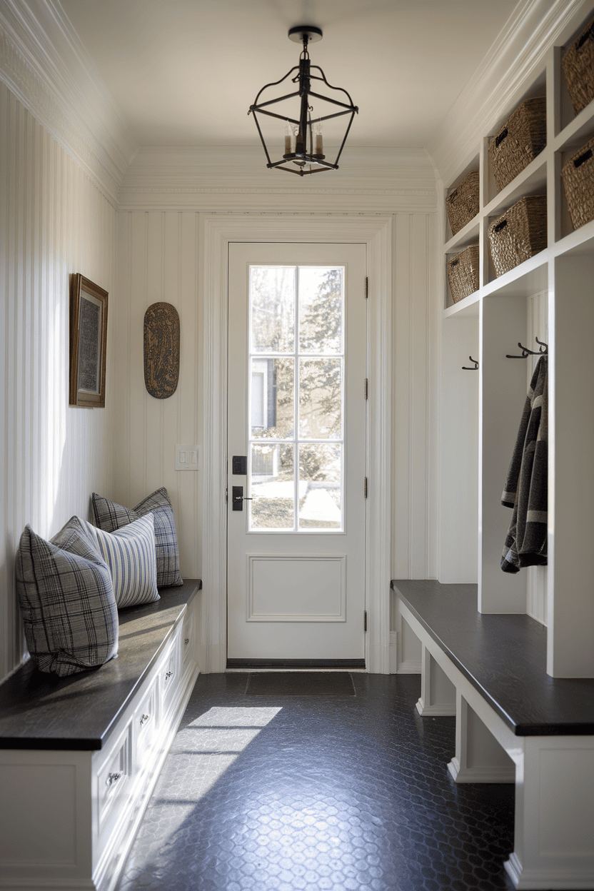 A classic small mudroom with white cabinetry, trim, and cozy seating.