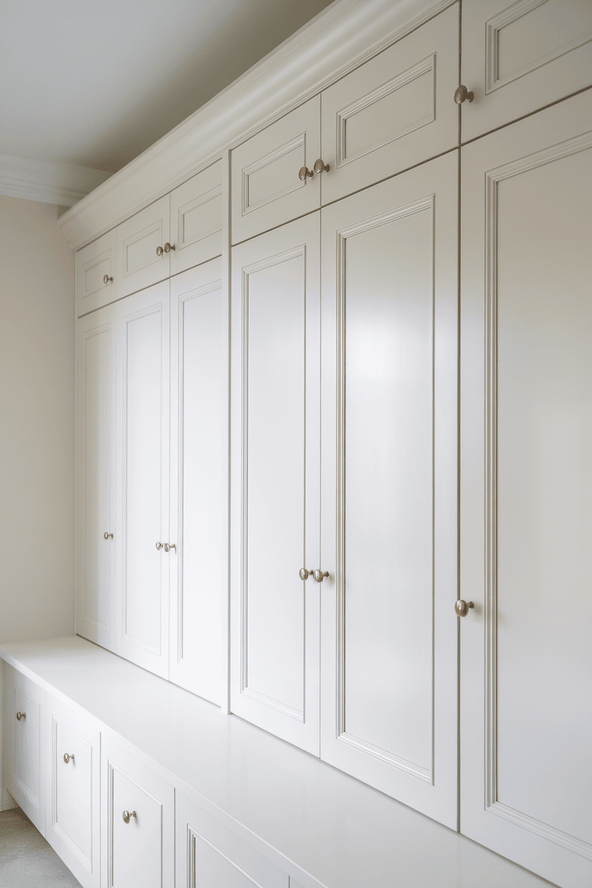 Classic white mudroom cabinets with gold knobs