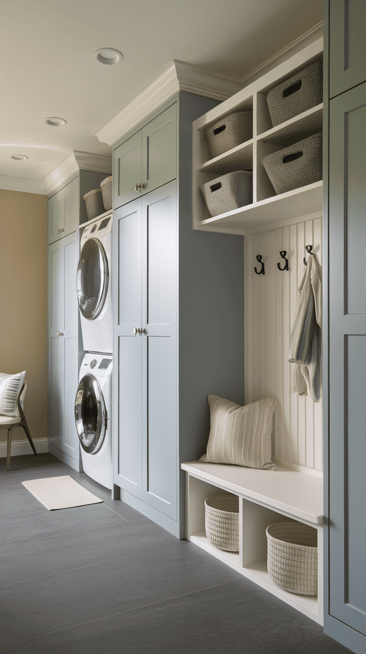 A laundry area featuring clever cabinetry solutions, with organized storage, a cozy seating nook, and a well-arranged workspace.