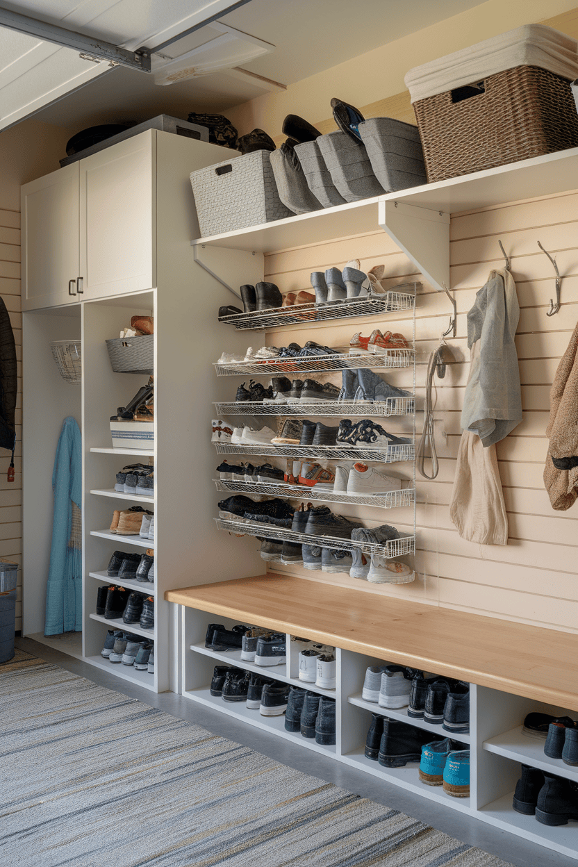 Organized shoe storage area with shelves and baskets in a garage mudroom.