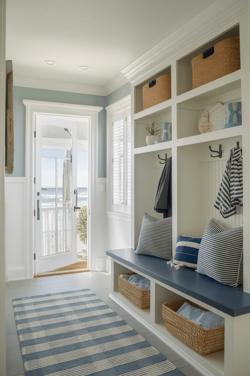 A coastal small mudroom entryway featuring nautical-inspired decor, including striped cushions and a blue and white color scheme.