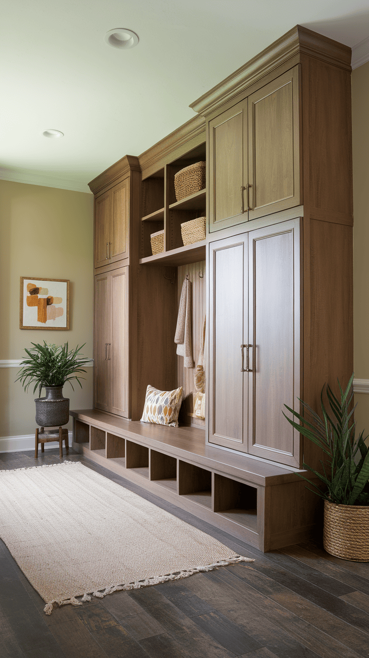 Cozy and stylish entryway with warm wood cabinetry, beige walls, and natural decor elements.