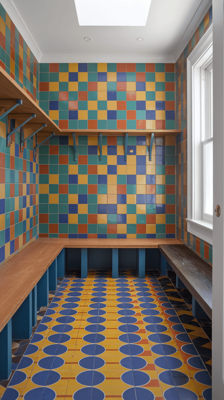 A colorful tiled entryway featuring blue and yellow checkerboard patterns with a wooden door and a red chair.