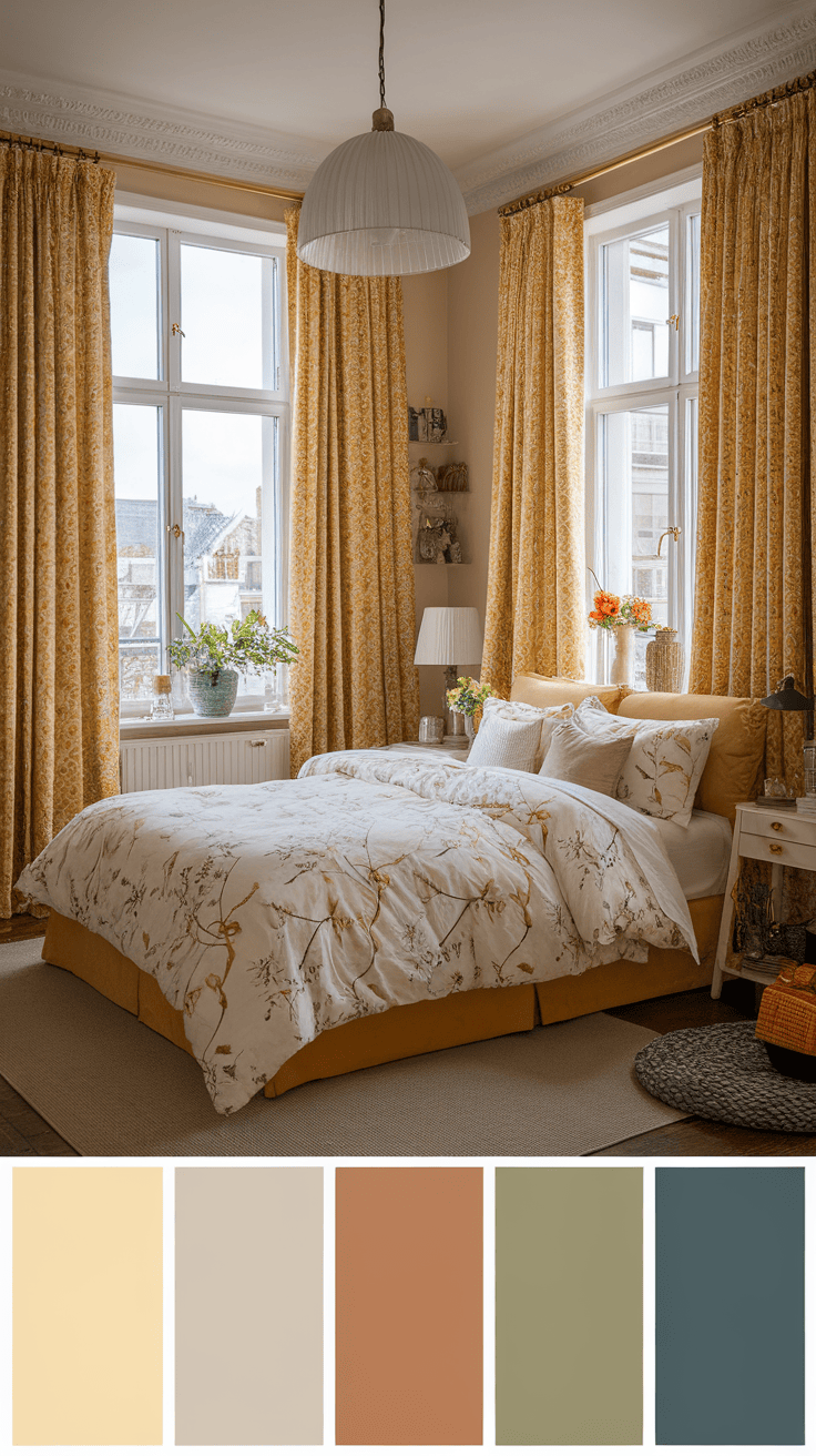 A bright bedroom featuring yellow floral curtains and bedding with floral accents.