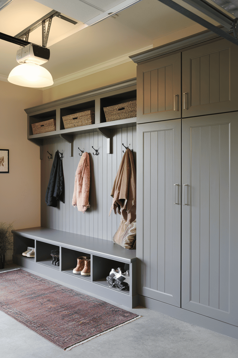 A stylish garage mudroom featuring hooks for coats, shelves for storage, and a cozy rug.