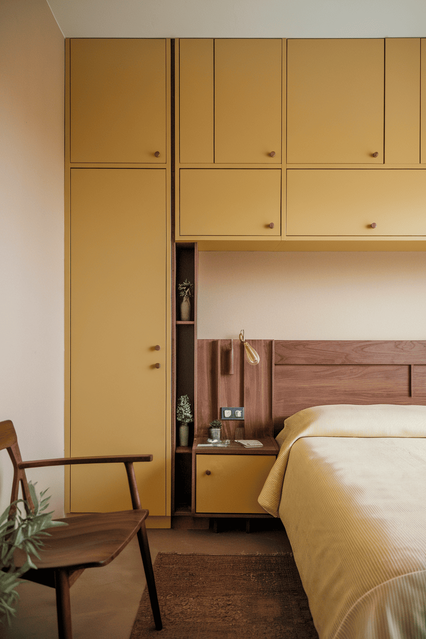 A cozy bedroom featuring yellow cabinets and bedding alongside wooden furniture and earthy tones.