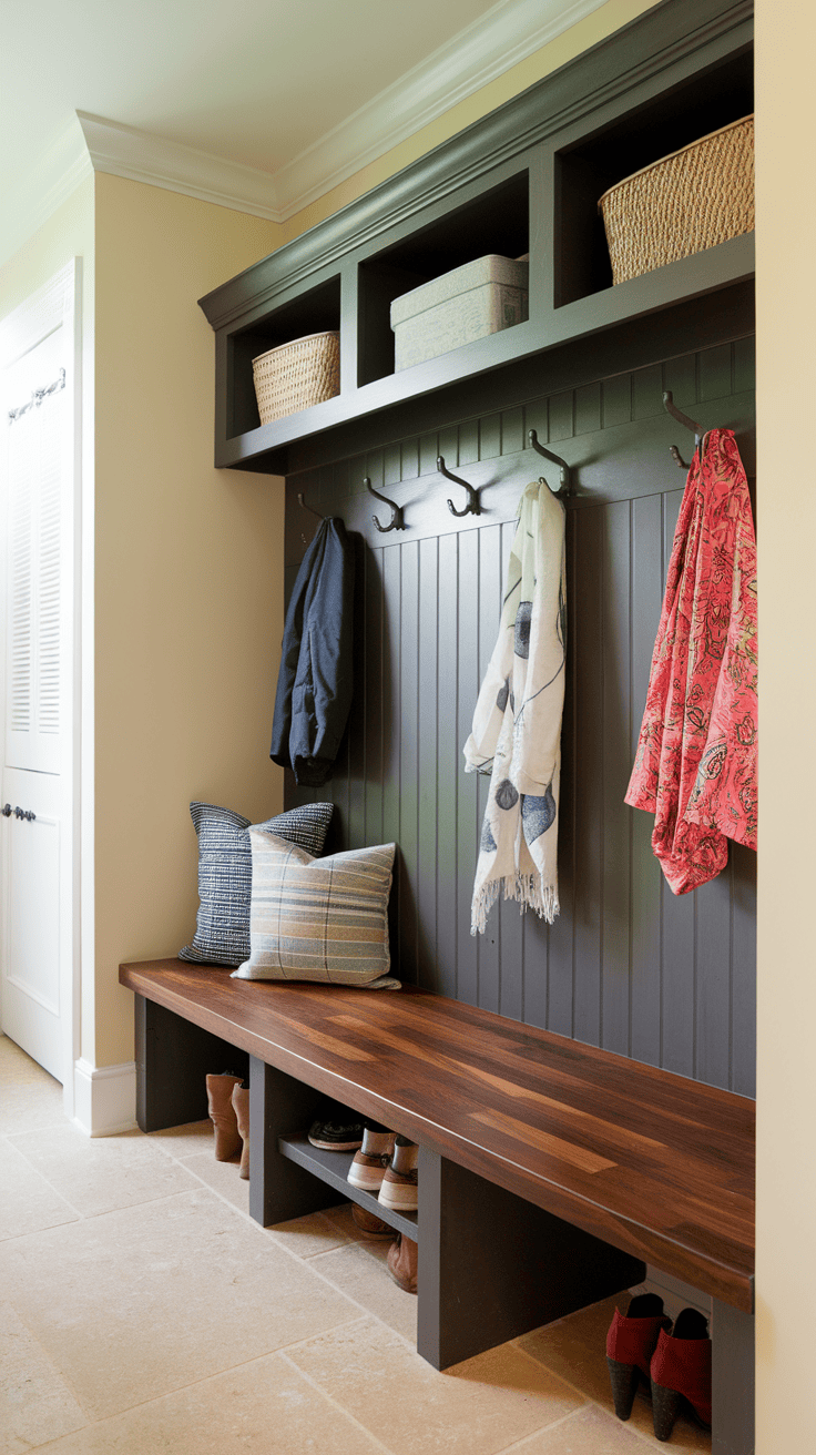 A cozy entryway with a butcher block bench, storage baskets, and hooks for coats.