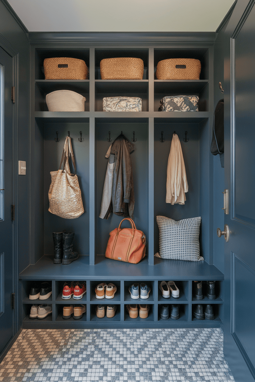 A narrow mudroom entryway with compact lockers, hooks for coats, and shoe storage beneath.