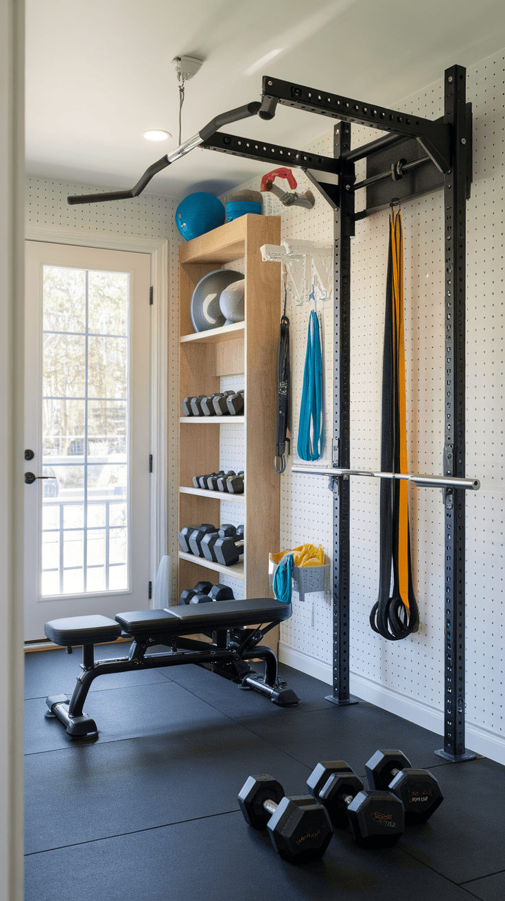 A compact home gym setup in a small mudroom with weights and exercise equipment.