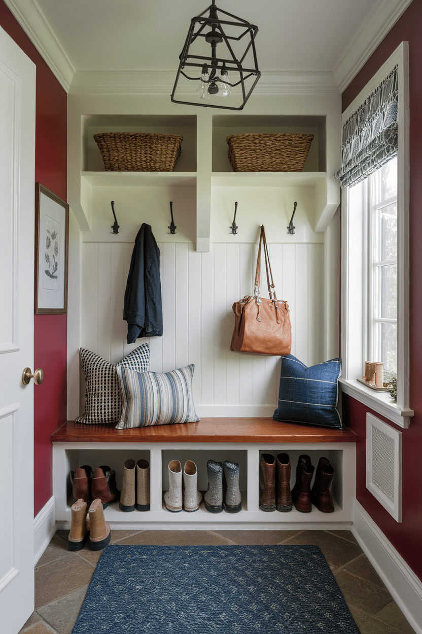 A narrow mudroom featuring a wooden bench with cushions, shoe storage below, and hooks for coats and bags.