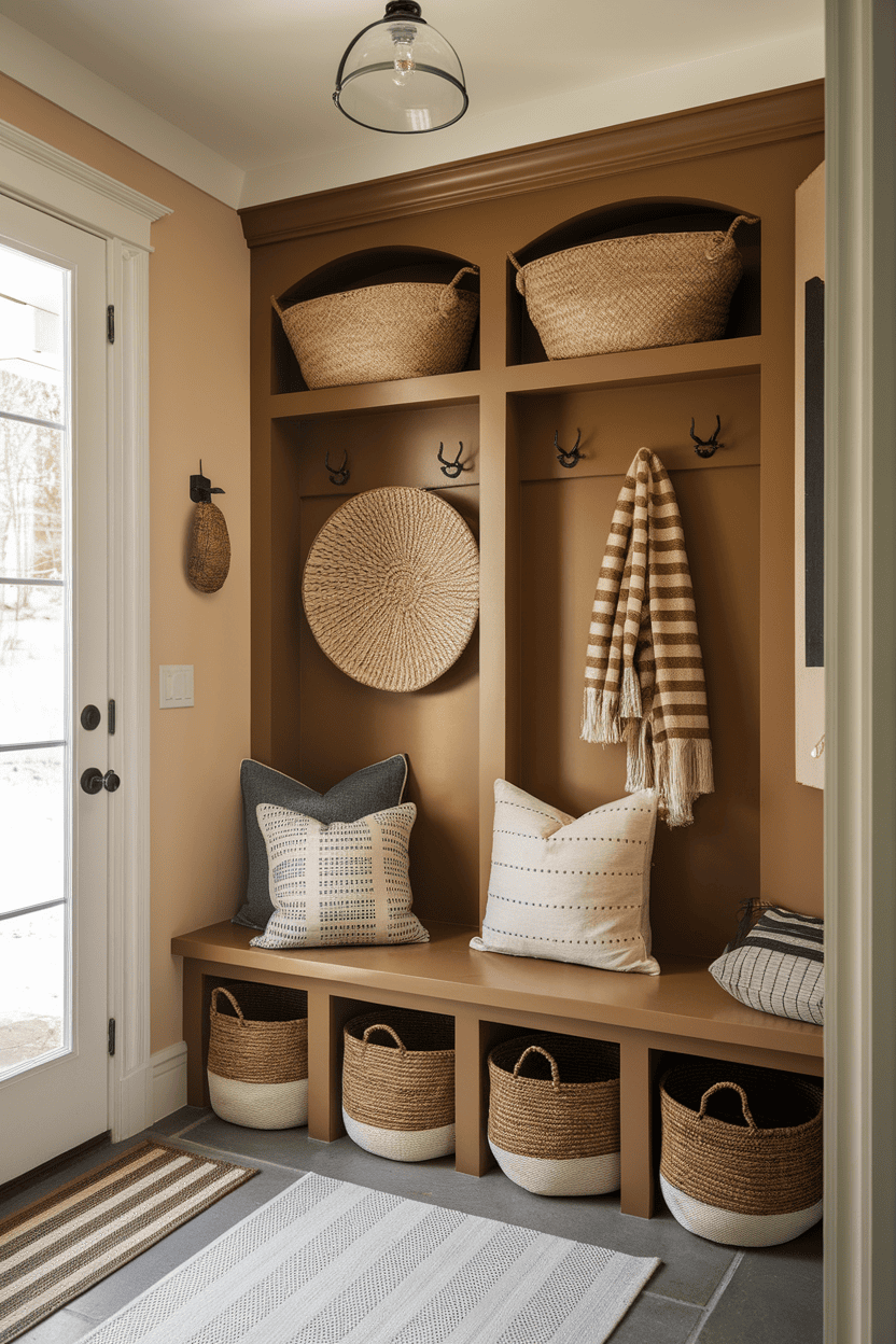 A stylish narrow mudroom with baskets, pillows, and a cozy blanket.