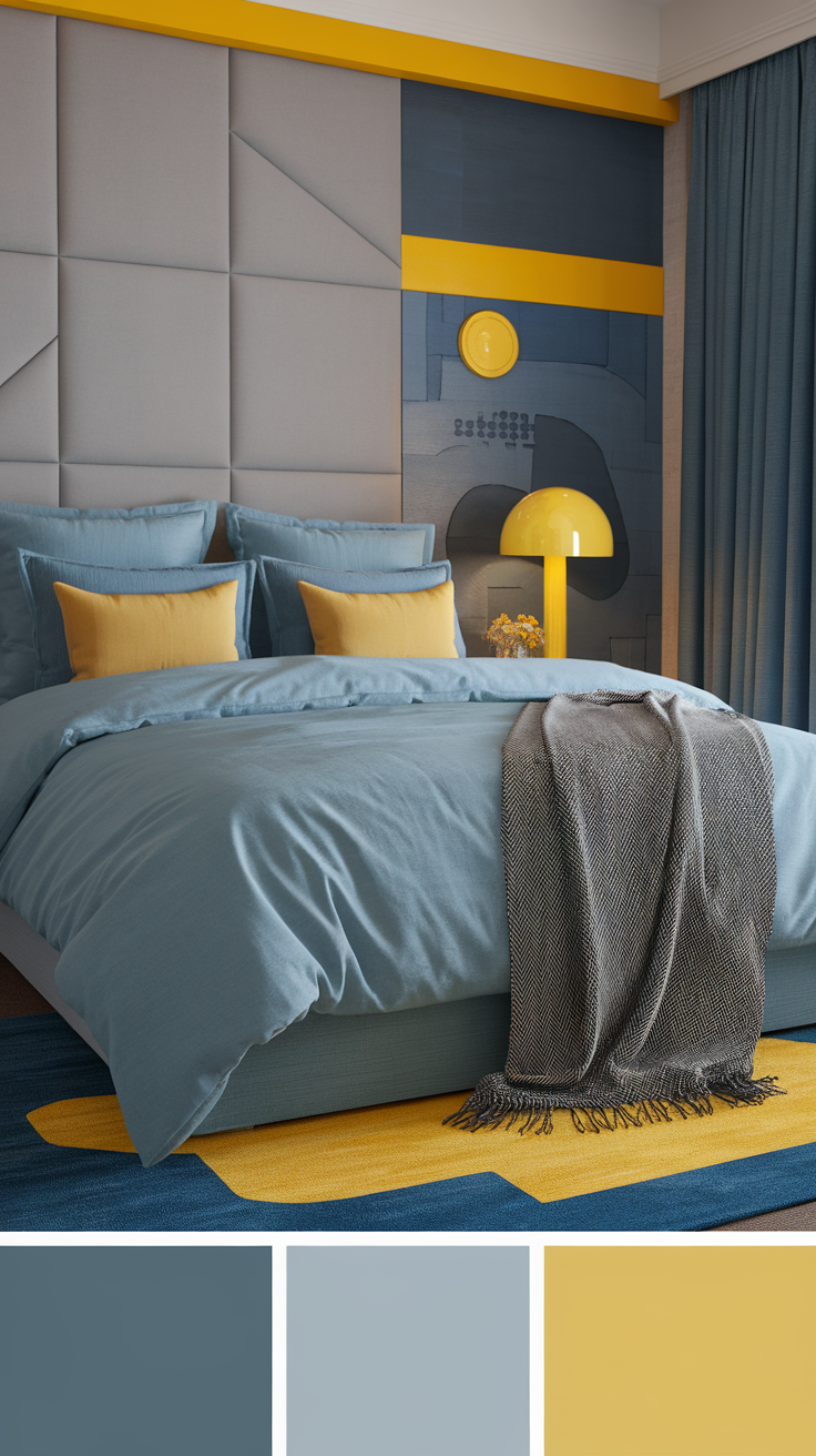 Cozy blue bedding with gray throw and yellow accents in a modern bedroom