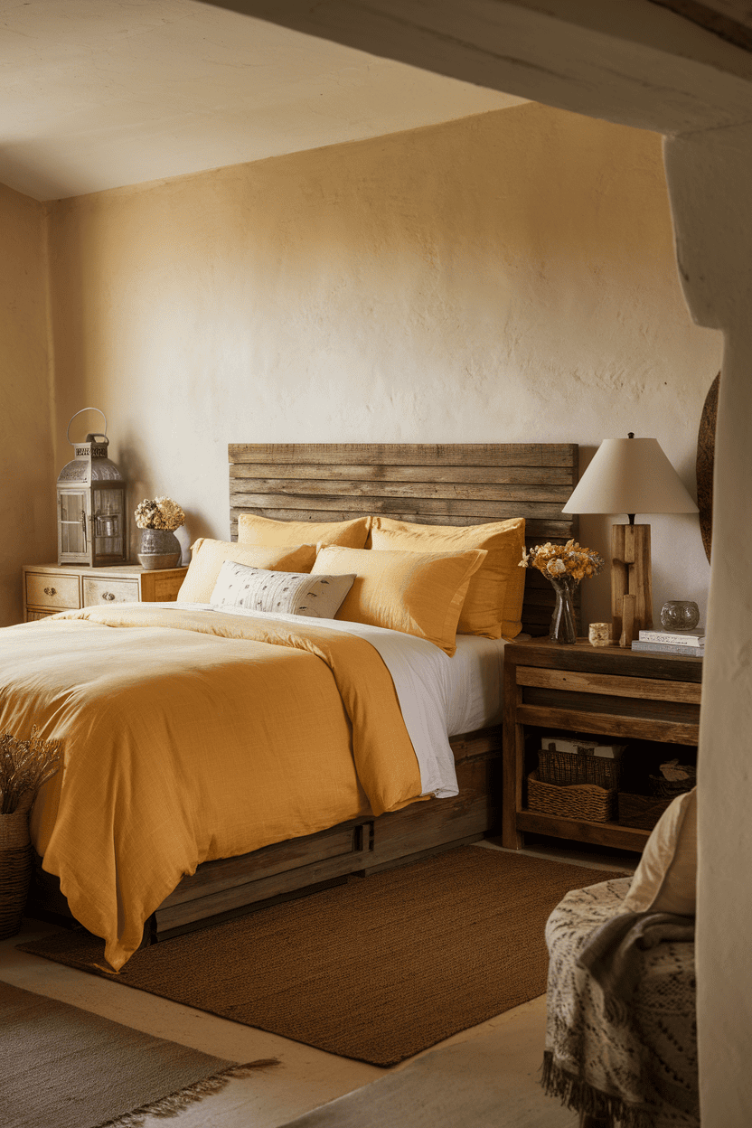 Cozy farmhouse bedroom with yellow bedding and rustic decor