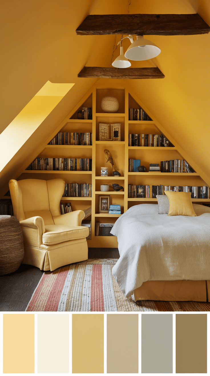 A cozy yellow attic bedroom with a reading nook and shelves of books.