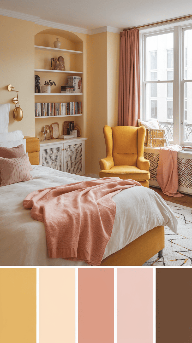 Cozy reading nook in a yellow and blush bedroom with soft textures and a warm ambiance.