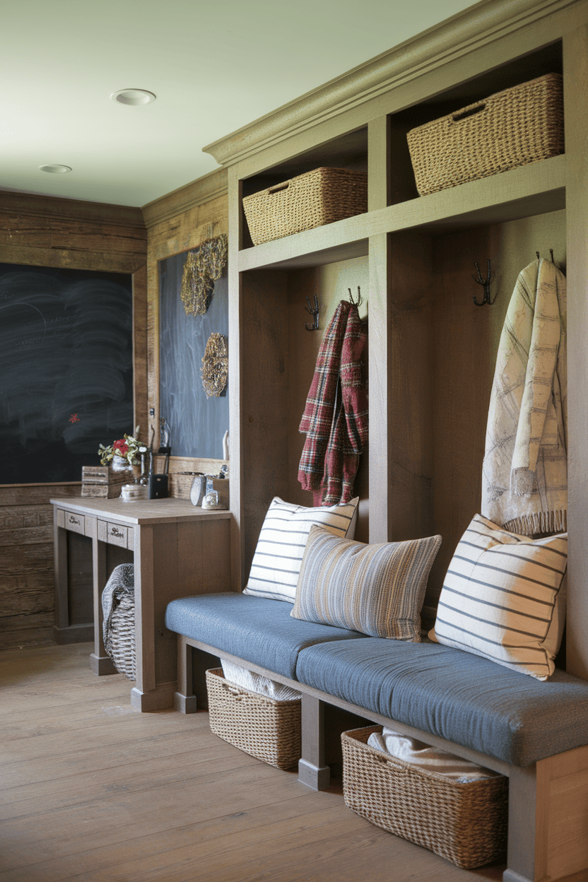 Cozy seating area with a bench, pillows, and baskets for storage.