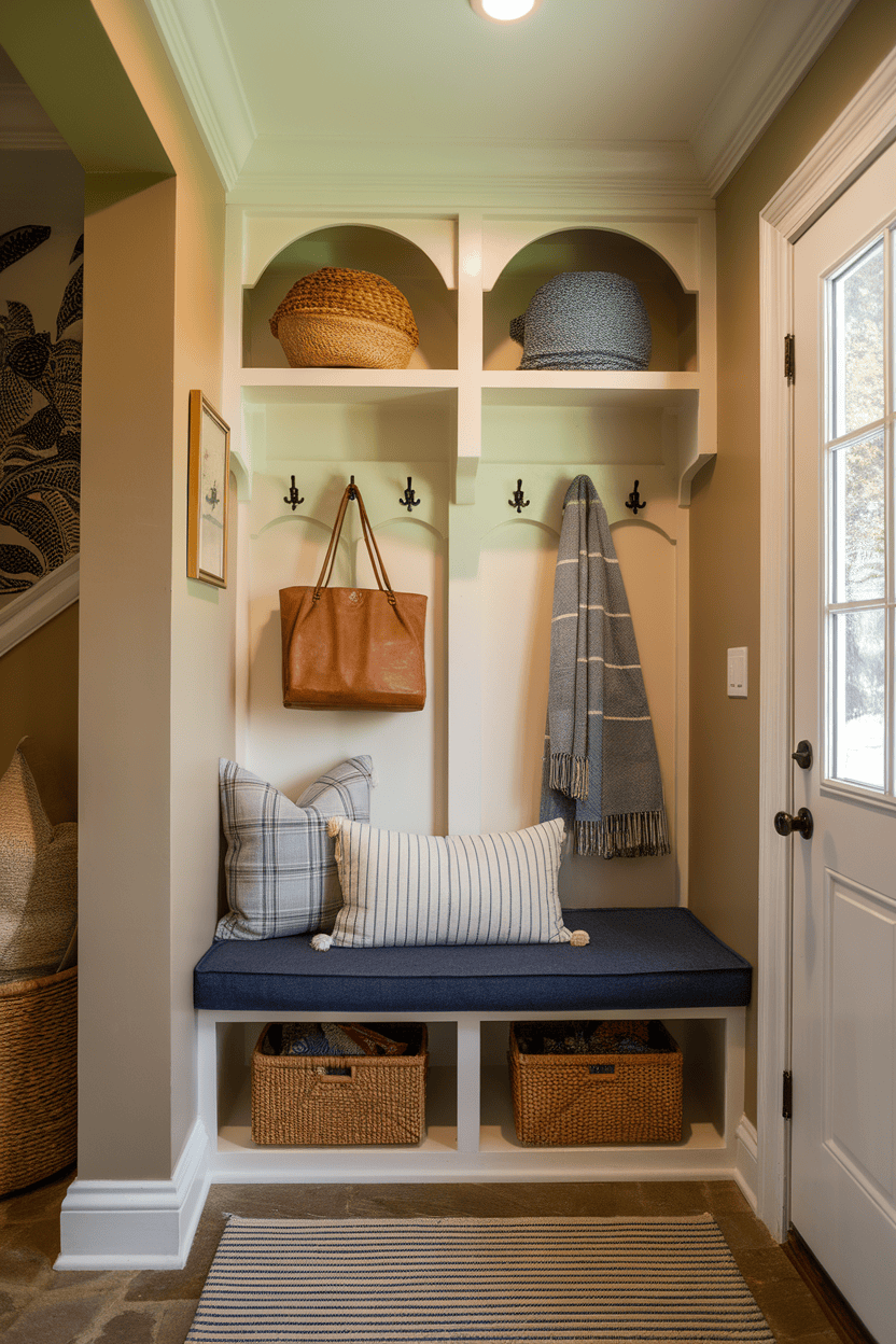 A cozy small mudroom featuring cushioned seating, storage baskets, and hooks for bags and scarves.