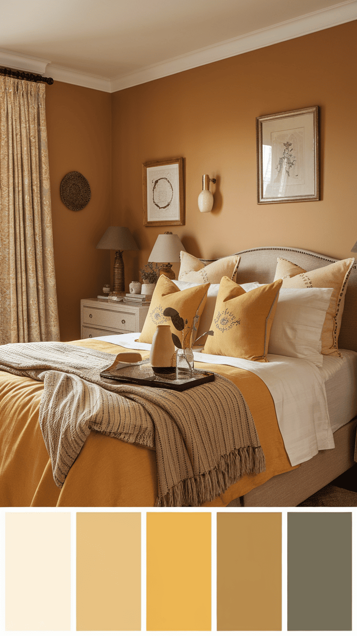 A cozy bedroom featuring yellow pillows and a textured throw blanket.