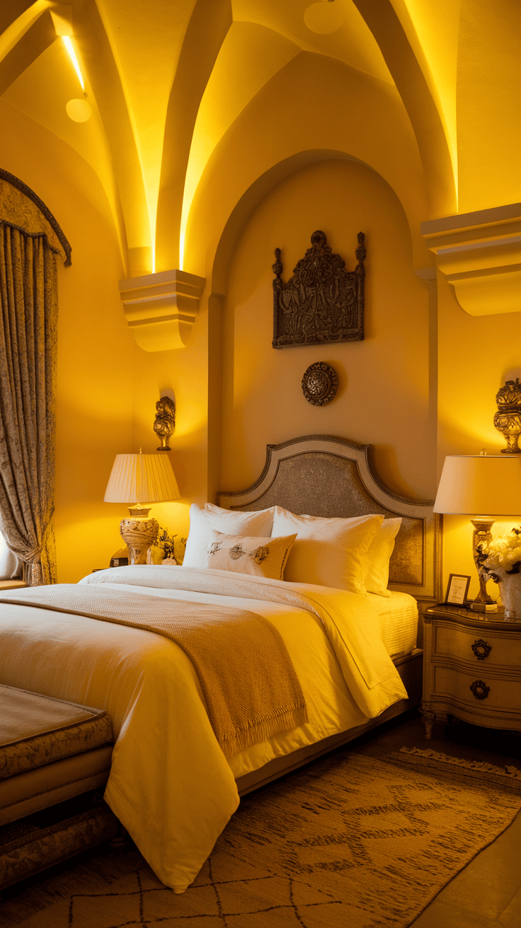 Cozy bedroom with yellow lighting fixtures.