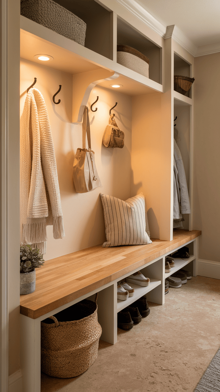 Cozy entryway with a butcher block bench, neutral accents, and storage solutions.