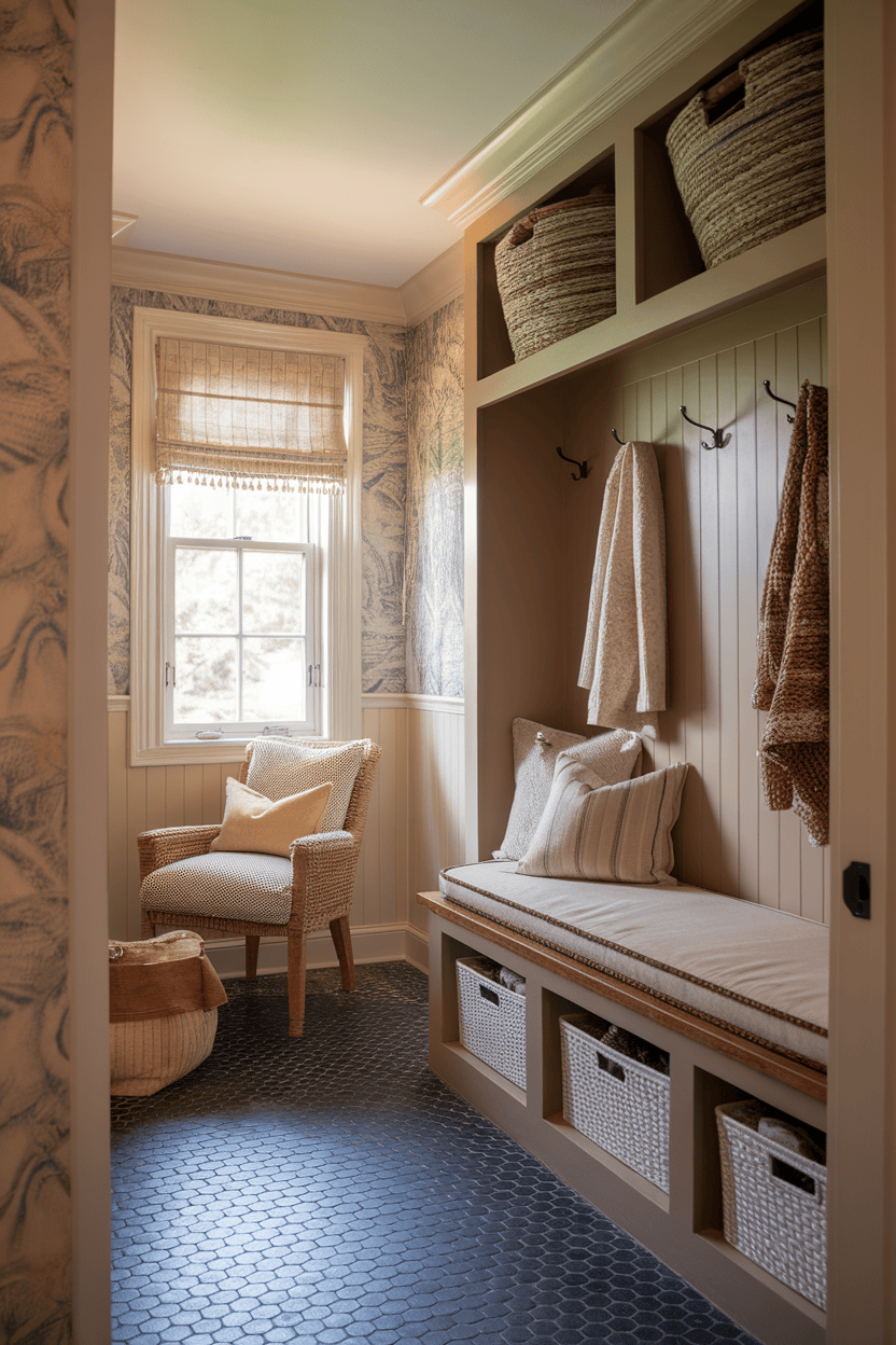 Cozy mudroom with a bench, cushions, and storage baskets