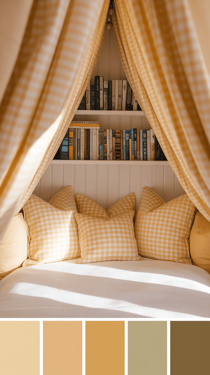 Cozy nook with yellow gingham pillows and a bookshelf