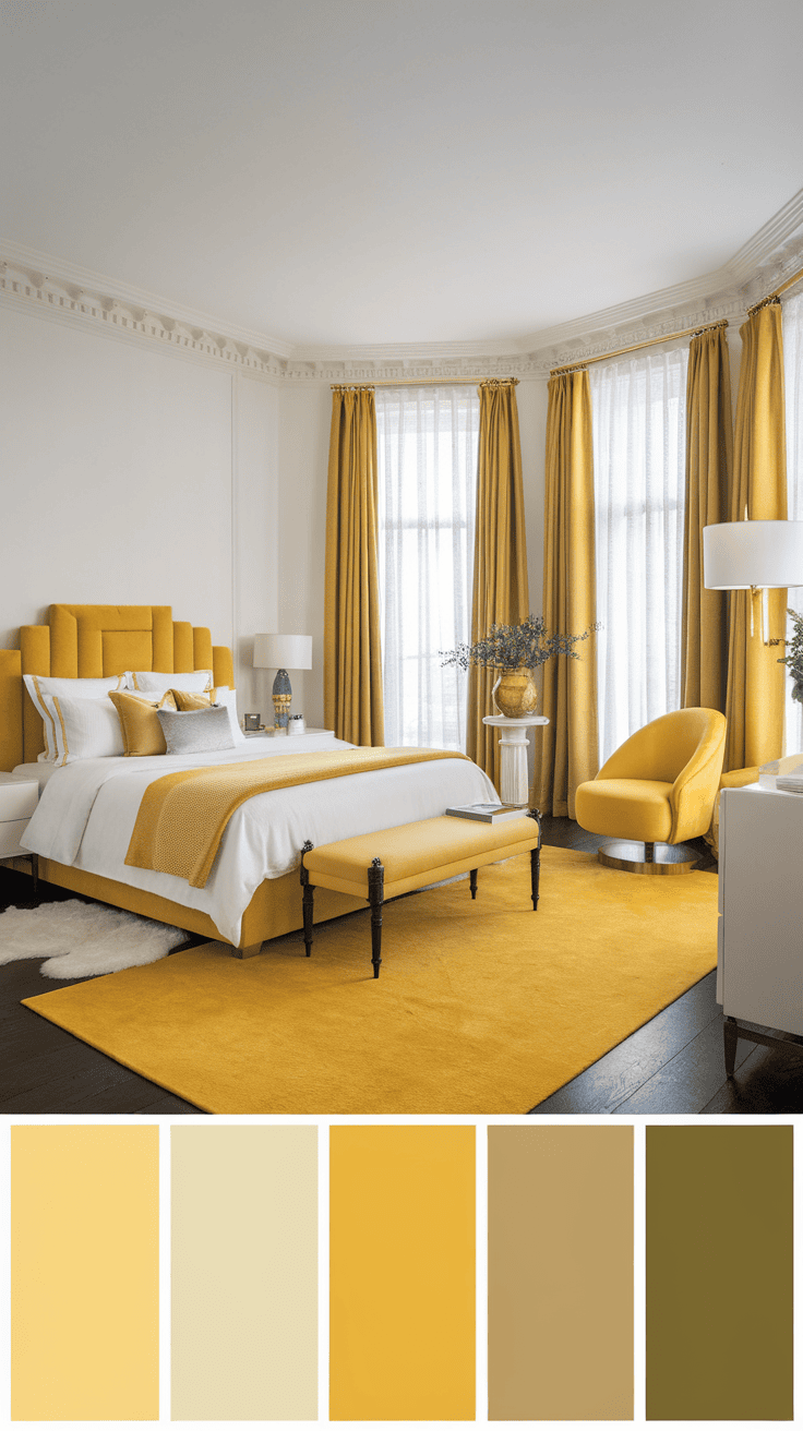 A luxurious bedroom featuring various shades of yellow decor, including curtains, bedding, and furniture.