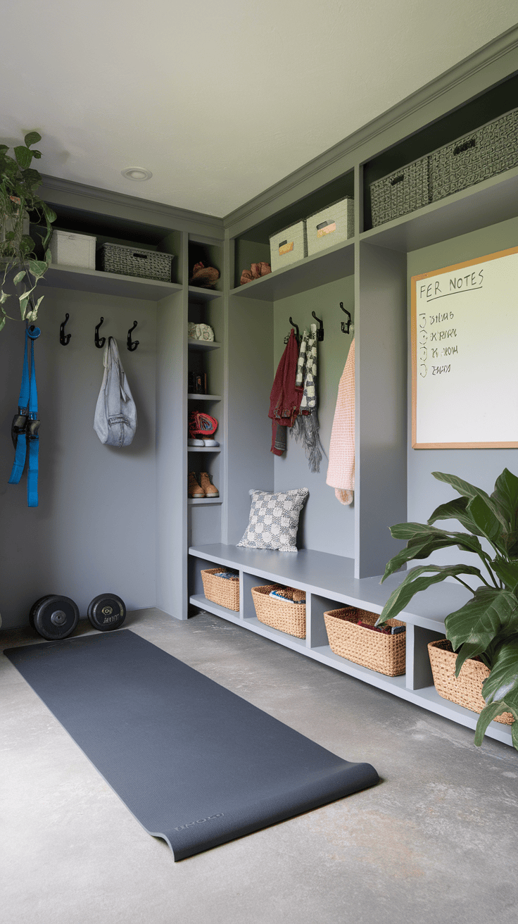 A mudroom gym featuring a treadmill and stationary bike, with organized storage for family gear.