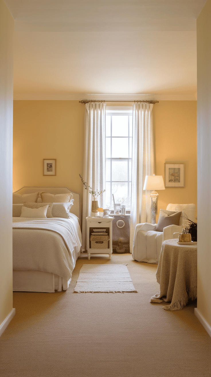 A serene bedroom with soft colors, a cozy bed, and natural light coming through the window.