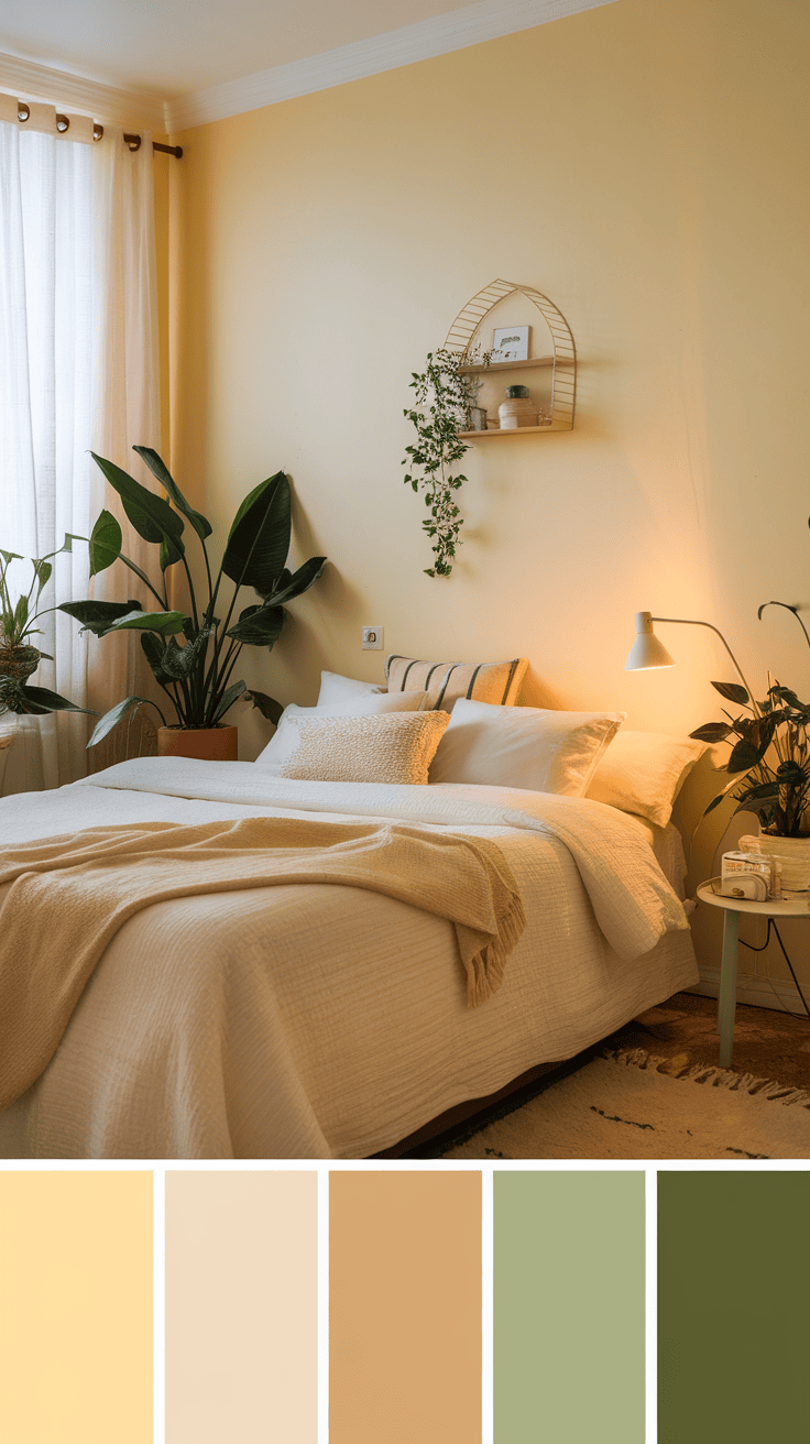 A cozy bedroom with soft colors and plants, creating a soothing atmosphere.